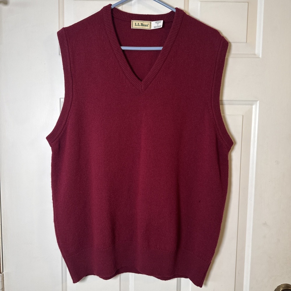 Vintage LL Bean Lambswool Sweater Vest Mens L Tall Red V Neck Made Scotland